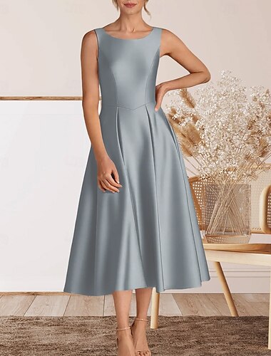  Linha A Longuette Vestidos de baile Elegante Festa Sem Manga Gola Redonda Reunião de Classe Coquetel Cetim com Pregas