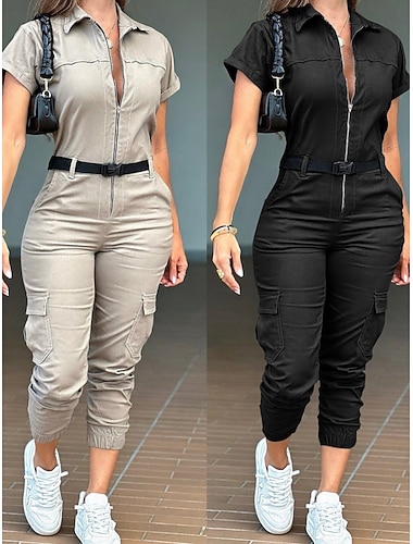  Mulheres Macacão Ativo Côr Sólida Manga Curta Colarinho de Camisa Zíper Diário Férias Normal Preto Cinzento Primavera