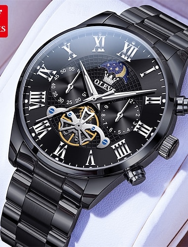  Pánské automatické hodinky olevs luxusní skeletonové mechanické business náramkové hodinky s fázemi měsíce z nerezové oceli vodotěsné luminiscenční společenské hodinky pro muže