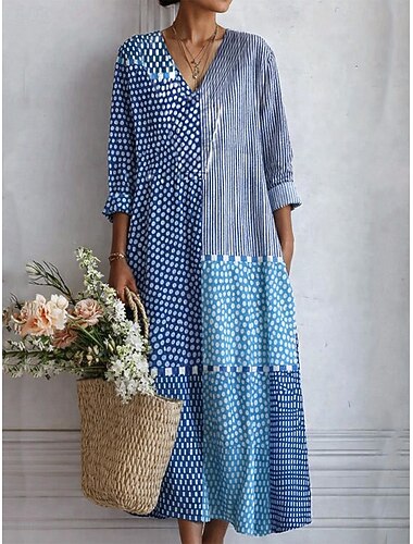  Abito Midi da Donna V Collo Maniche Lunghe Kaftan Leggero Comodo A Line Abito Casual Boho Uscita Grafica Geometrica Strisce Maniche Lunghe V Collo Arancione Rosso Nero Giallo Rosa