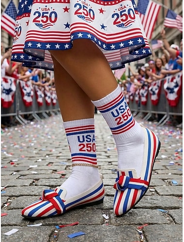  United States 250th Anniversary Kvinners Patriotiske Strikkede Flats – Spiss Tå Flate Sko med Sløyfedetalj Uavhengighetsdagen Sommerpikniker og Hverdagsbruk