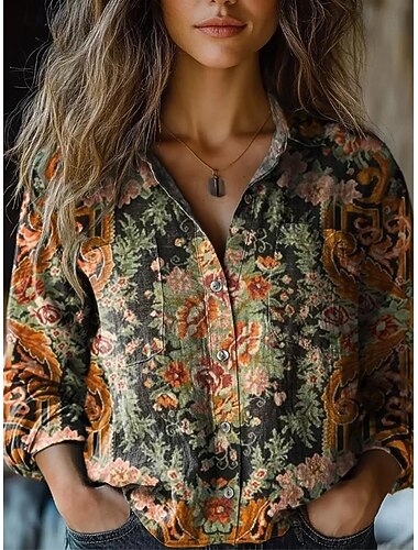  Dames Overhemd Zak Knop Afdrukken Bloemig Etnisch Retro vintage Lange mouw Overhemdkraag Normale tops Dagelijks Feestdagen Zwart Paars Zomer Lente