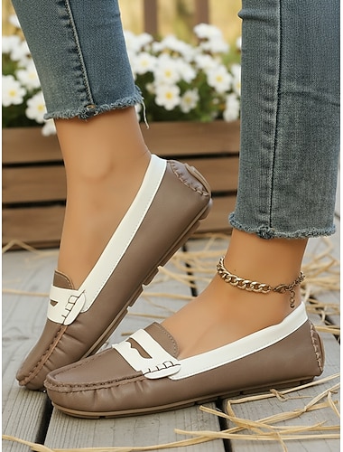  Damen Khaki Two-Tone Mokassins Loafers - Weiche Kunstleder Slip-On Flats Klassische legere Komfort Schuhe für Frauen Arbeit Büro Fahren Reisen Einkaufen den Alltag  Wochenendausflüge
