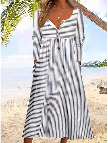  Per donna Abito Midi Abito da Spiaggia Vestito Casual Elegante Moda Moderno All'aperto Vacanza Uscire Vestibilità regolare A righe Manica Lunga Scollo a V Blu Marrone Grigio Estate Primavera