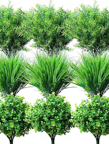  18 künstliche Pflanzen für den Außenbereich, ideal für Frühling und Sommer. UV-beständige, realistische künstliche Büsche, Gräser und Eukalyptus, perfekt für Veranda, Terrasse oder Balkonkasten.