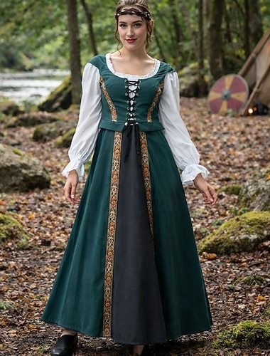  Rétro Vintage Médiéval Renaissance Longueur au sol Robe Manches longues Viking À lacets Déguisement Femmes Fantaisie Halloween Carnaval Foire de la Renaissance LARP Soirée à thème rétro Adultes Robe