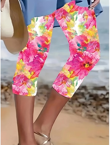  Dame Capri-bukser Leggings Ferie Årgang Mote Kalv lengde Medium Midje Blomstret Grafisk 3D-utskrift Printer Komfort Myk Pustende Elastisk Avslappet Daglig Feriereise Lys Rosa Sommer Vår Normal