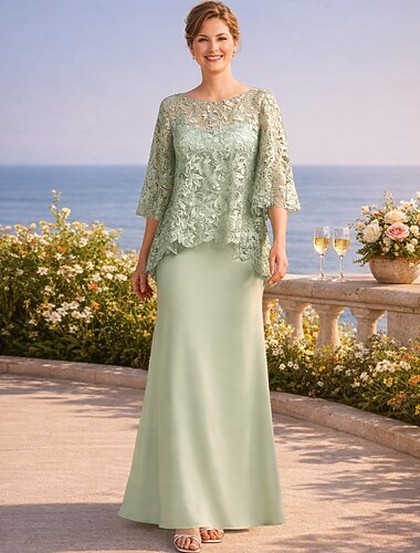  Tubino Colonna Lunghezza al pavimento Abito da invitata a nozze Abito Formale Abito da sera Abito da cerimonia per signora Mezza Manica Collo gioiello Elegante Ospite di nozze Raso Pizzo con Ricamo