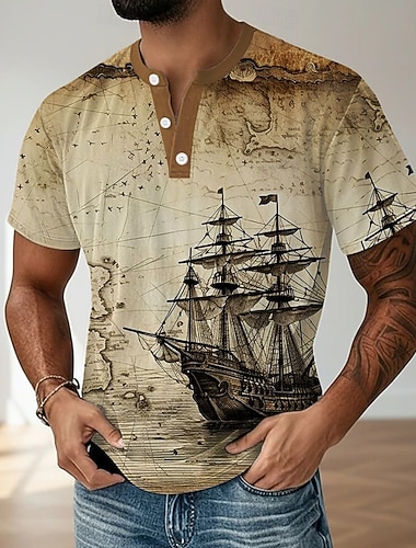  Homens Vintage Veleiro Camiseta Camisa Henley Manga Curta Designer Retro Vintage Casual Casual Diário Rua Verão Primavera Todas as Estações Azul Verde Claro Roxo cáqui Henley Camiseta Henley