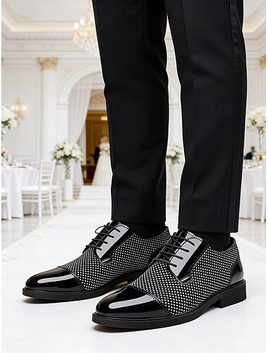  Herresko i svart og hvitt rutete formelle sko i kunstskinn, bryllups- og arrangementssko for menn