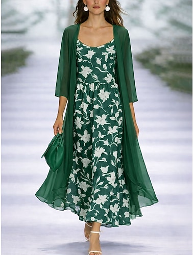  Damen Kleid-Set A Linie Kleid Elegant Urlaub Blumen Grafik Geschichtet Druck Maxikleid Dreiviertelarm V Ausschnitt Täglich Urlaub Blau Rosa Purpur Sommer Frühling Normale Passform