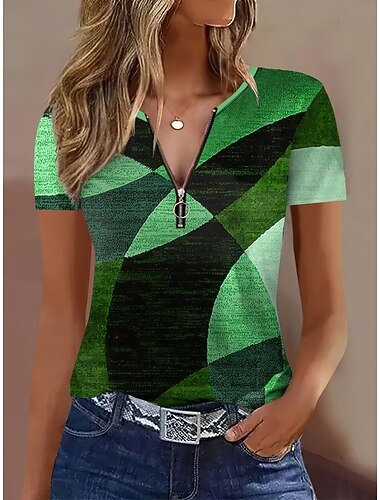  Women's T Shirt Color Block Quarter Zip Graphic Striped Vintage Tropical Hawaiian Short Sleeve Crew Neck Regular Tops Beach Wedding Daily Sports Black Green Summer Spring