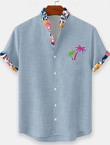  Herren Kokospalme Tropische Pflanzen Blumen Sommer Hawaiihemd Knopfhemd Stehkragenhemd Kurzarm Hawaiianisch Strandurlaub Sommer Frühling Mandarinkragen 3D-Druck Leinenähnliches Hemd Blau Rosa Grün