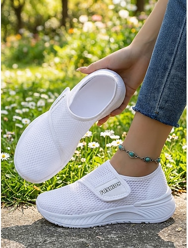  Белые женские дышащие сетчатые туфли без шнурков — легкие повседневные прогулочные туфли для повседневной носки, путешествий, работы в саду и отдыха.