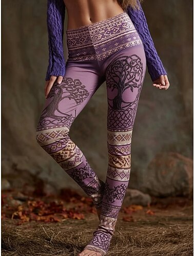  Dam Damasker Mysiga leggings Semester Vintage Etnisk Stil Fullängd Hög midja Grafisk Tryck Bekväm Elastisk Ledigt Dagligen Semester Gul Purpur Vår Höst Smal passform