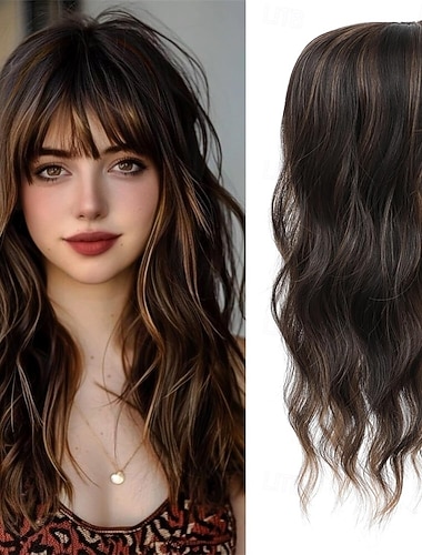  Haarteil 360 3D-Haarteile für Frauen mit lichtem Haaransatz, 50 cm lange, gewellte, lockige Haarteile, Clip-in-Pony, dunkelbraun-kastanienbraun gemischt, 50 cm langer französischer Pony