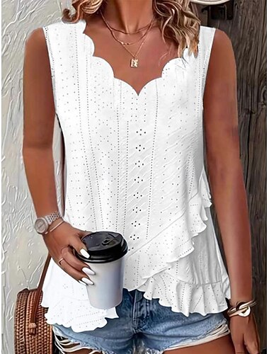  Damen Textur Bluse Oberteil mit Ösen Pointelle Tee Tank Top Rüsche Lochmuster Einfarbig Stilvoll Lässig Ärmellos V Ausschnitt Normale Oberteile Lässig Täglich Strand Blau Weiß Gelb Rosa Grün Sommer