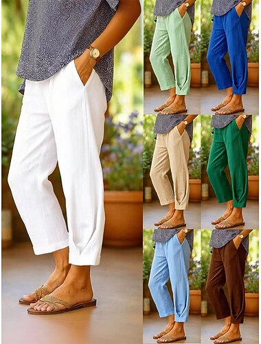  Dámské Imitace bavlny a lnu Kalhoty pro volný čas Letní kalhoty Rovné prázdniny Základní Na běžné nošení Plná délka Vysoký pas Bez vzoru Kapsy Pohodlný Yumuşak Pohodlné Lehce elastické Denní Venkovn