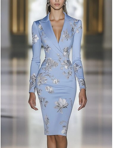  Damen Minikleid Figurbetontes Kleid Halbformelle Kleider Büro Normale Passform Blumen Langarm Hemdkragen Schwarz Wein Marineblau Himmelblau Sommer Frühling