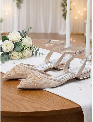 Ballerines de mariage à petit talon brodées de perles couleur champagne pour femme – chaussures de mariée élégantes pour les mariages en plein air