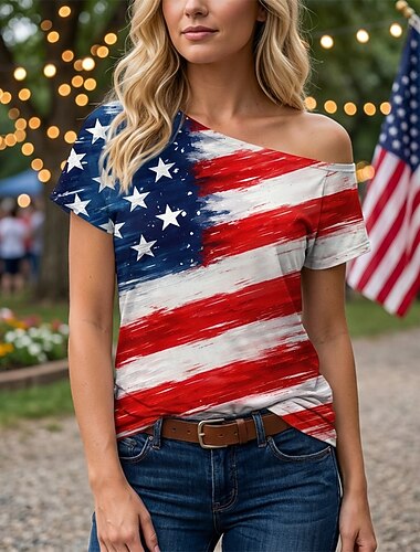  250-летие США Ретро В стиле 1980-х Как у футболки На одно плечо Короткие рукава Флаг США Маскарадный костюм Жен. 4 июля День независимости Взрослые Футболка