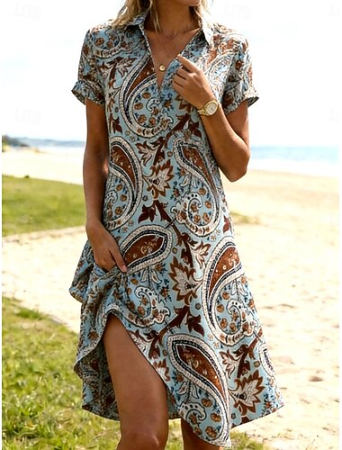  בגדי ריקוד נשים שמלה באורך הברך שמלת בוהו שמלת קז'ואל שמלה הדפסה אופנתי קלסי מודרני בָּחוּץ חופשה ליציאה רגיל פייסלי שרוולים קצרים צווארון חולצה פול קיץ אביב