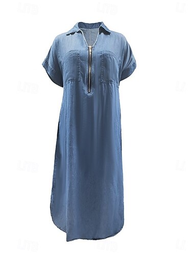  Mulheres Vestido Longo Vestido de turno Vestido de verão Férias Casual Boho Diário Praia Feriado Ajuste Largo Tecido Manga Curta Decote V Azul Verão