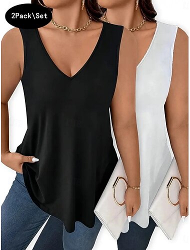  Multipack 2st Dam V-hals Ärmlös Vit + Svart Stridsvagn Väst Ärmlös tröja Ensfärgat Ledigt Dagligen Polyester Sommar