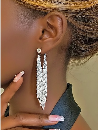  Boucles d'oreilles pendantes à pompons en alliage pour femmes, élégantes boucles d'oreilles pendantes à franges et longue chaîne, un style étincelant idéal pour les mariages, les soirées et les événements formels.