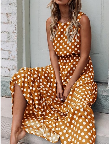  Damen Maxikleid A Linie Kleid Urlaub Lässig Outdoor Ausgehen Normale Passform Tupfen Ärmellos Rundhalsausschnitt Schwarz Gelb Marineblau Grün Sommer Frühling