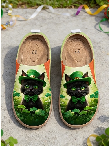 Damen-Sneaker zum Hineinschlüpfen mit schwarzem Katzen- und Kleeblattmuster zum St. Patrick's Day – atmungsaktive, leichte Komfortschuhe für irische Paraden, Festivals und Straßenfeste &lässige
