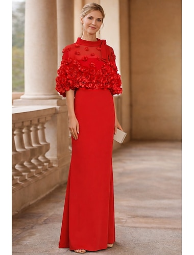 Robe Silhouette  Colonne Longueur de Sol Robes Prom Robe de Soirée Robe de Bal Robe Formelle Élégante Manches Mi-Longues Col Bijou Invité de Mariage Formelle Soirée Automne Réception de Mariage avec