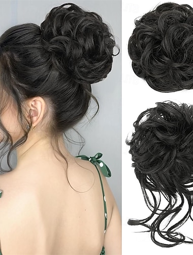  2 Stück lockere Duttfrisuren, lockige, gewellte Duttfrisuren mit elastischem Haargummi, synthetischer Chignon, Haargummis für Damen