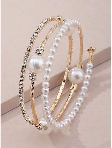  Armbåndssett med tre lag i kunstperlelegering til dame, stablebare armbånd i gull og sølv med elegante perler og krystalldetaljer, vintage brudesmykker til bryllup, kveldsfester og formelle arrangementer