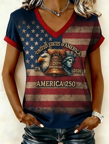  Festa dell'Indipendenza Maglietta Patriottica da Donna Stampa Grafica Bandiera Americana Vintage Elegante Classica Maniche Corte Collo a V Tops Regolari Giornaliero Bianco-Blu Bianco Rosso  Blu