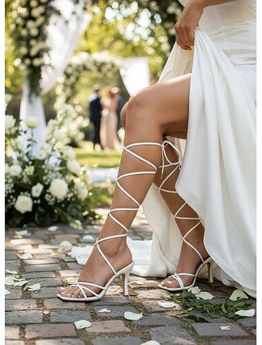  Damskie sandały na wysokich obcasach z paskami w kolorze nude – eleganckie, sznurowane buty ślubne dla panien młodych, na wesela w ogrodzie i specjalne okazje
