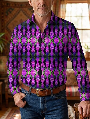  عتيق / معتق السبعينات قميص قميص ألوها أكمام طويلة ستايل هبي هندسي ملابس تنكرية رجالي حفلة تنكرية احتفال موسيقي مناسب للحفلات مناسب للبس اليومي للبالغين قميص