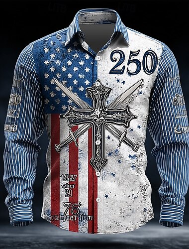  Herren 250. Jahrestag des Unabhängigkeitstages der USA am 4. Juli Kreuz US Flagge Hemd Knopfhemd Langarm Vintage-Retro Ferien Alltagstauglich Frühling Herbst Umlegekragen 3D-Druck Hemden mit Kragen