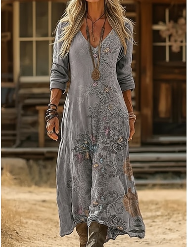  Damen Midikleid Boho-Kleid Vintage-Kleid Freizeitkleid Vintage Täglich Outdoor Urlaub Lässiger Schnitt Blumen Langarm V Ausschnitt Schwarz Hellgrün Purpur Grün Frühling Herbst