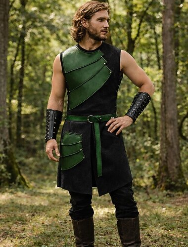  Set Rétro Vintage Médiéval Renaissance Veste Ceinture Taille Attelle de poignet avec accessoires Sans manches Viking Ranger Déguisement Unisexe Fantaisie Halloween Carnaval Foire de la Renaissance