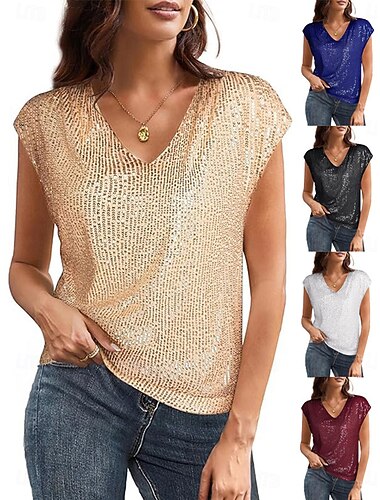  Mulheres Blusa Tops de lantejoulas Paetês Tecido à moda Clássico Moderno Manga Curta Decote V Tops regulares Diário Feriado Para Noite Preto Branco Vinho Azul Real Dourado Verão Primavera
