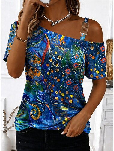  Dame T skjorte T-skjorte Trykt mønster Asymmetrisk Grafisk Abstrakt Årgang Mote Stilfull Kortermet Enskuldret Løse skuldre Asymmetrisk hals Vanlige topper Daglig Ut på byen Helg Blå Fuksia Sommer Vår