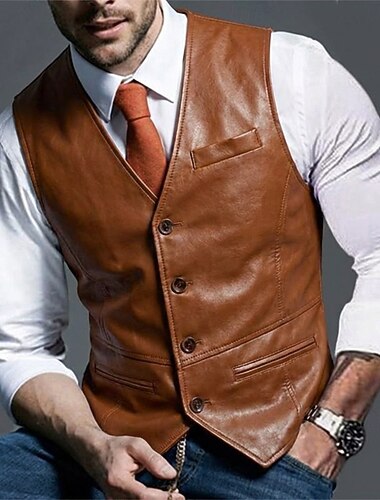  Hommes Gilet extérieur Gilet en daim Occasionnel Formel ancien Mode Toutes saisons Avec Poches Col en V Cuir PU Chaleur Thermique Mode Couleur Unie Simple Boutonnage Col en V Slim Noir Marron Gilet