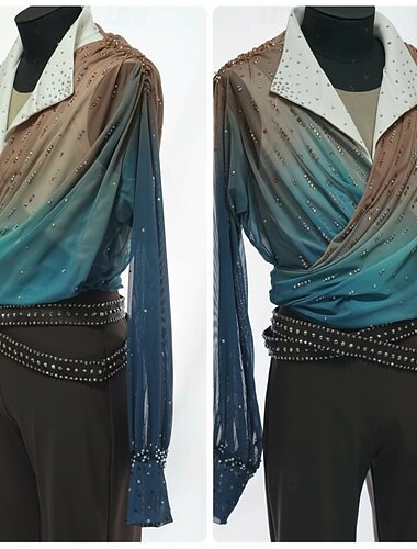  Kunstschaatstopje Voor heren Schaatsen Tops Blauw Lapwerk Rekbaar Opleiding Wedstrijd Kunstschaatskleding Klassiek Kristal / Bergkristal Lange mouw Schaatsen Kunstschaatsen