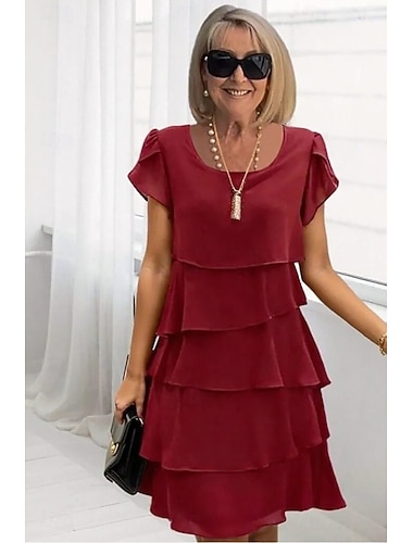  Damen Minikleid Cocktailkleid Kleid für Hochzeitsgäste Chiffonkleid Stufenkleid Elegant Abendgesellschaft Date Ausgehen Normale Passform Einfarbig Kurzarm Rundhalsausschnitt Rosa Wein Rote Herbst