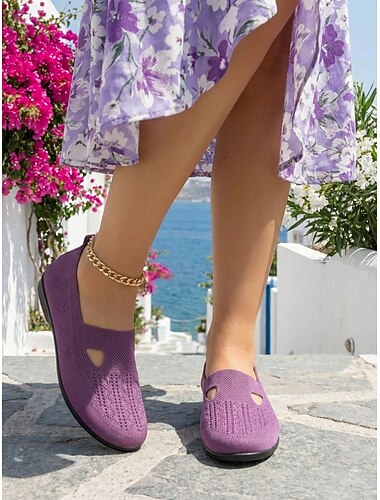 Lilla pustende strikkede flatsko til dame med vid passform – lette, elastiske slip-on-sko, minimalistisk, avslappet stil for turgåing, jobb, reiser og daglig komfort