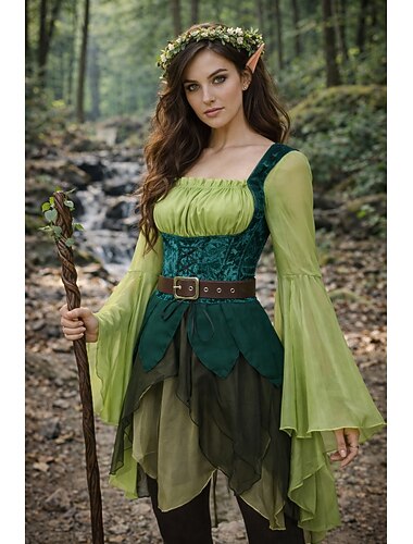  Médiéval Renaissance Robe Costume élégant Elfe Fée Déguisement Femmes Fantaisie Halloween Carnaval Performance LARP Foire de la Renaissance Adulte Robe Ceinture