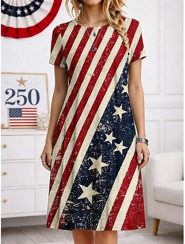  Onafhankelijkheidsdag Amerikaans Verjaardag Patriottische Dames Midi Jurk Shift Jurk T-shirt Jurk Tee Jurk Zomer Jurk Casual Formeel Dagelijks Losse Pasvorm Bloem Abstract Sterren en Strepen Korte