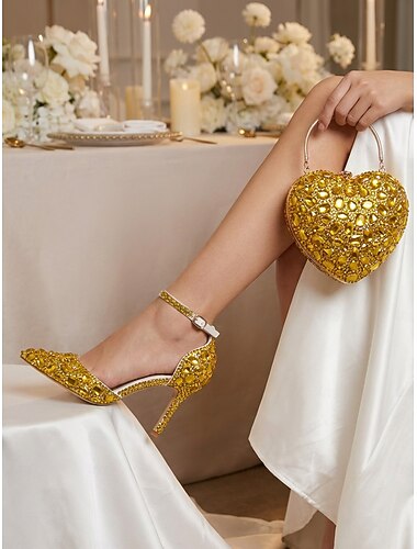  sapato feminino dourado com strass &Conjunto de bolsa, elegantes sandálias de salto com tira no tornozelo e carteira combinando, estilo nupcial para casamento na cidade.