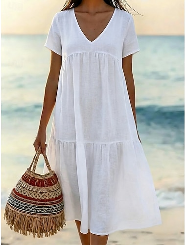  Damen Midikleid Shiftkleid Weißes Kleid Baumwoll-Leinen-Kleider Leinenkleid Lässig Täglich Urlaub Lässiger Schnitt Einfach Kurzarm V Ausschnitt Blau Schwarz Weiß Rosa Sommer Frühling